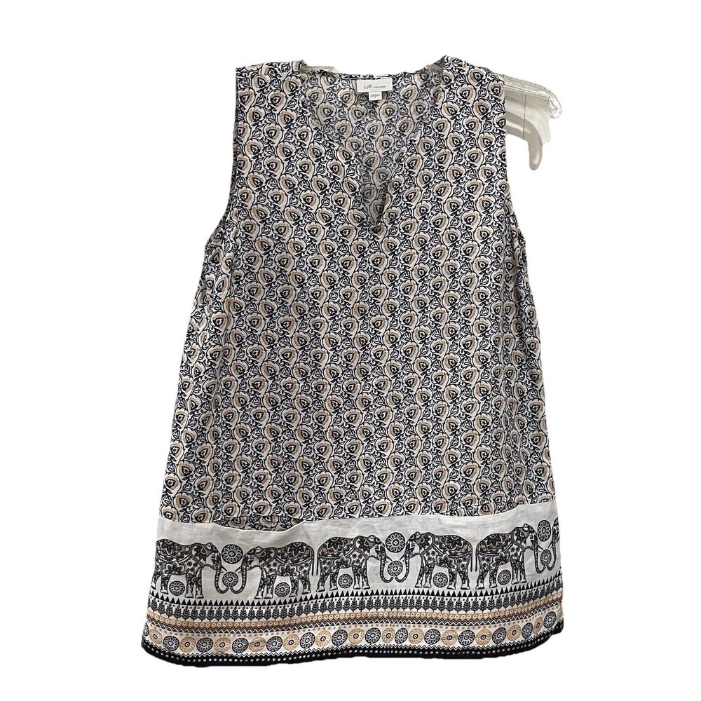J. JILL Love Linen Women’s Elephant Print Sleeveless 2 Pocket Tunic Top Size S